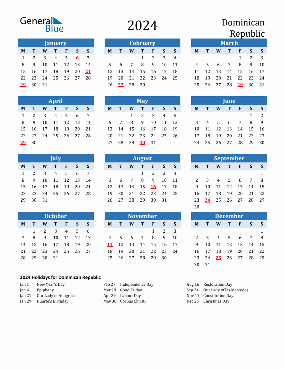 2024 Printable Calendar with Dominican Republic Holidays