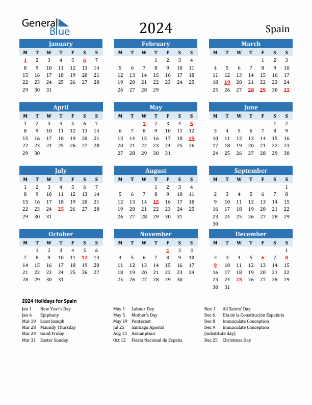 Printable Calendar 2024 with Spain Holidays (Monday Start)