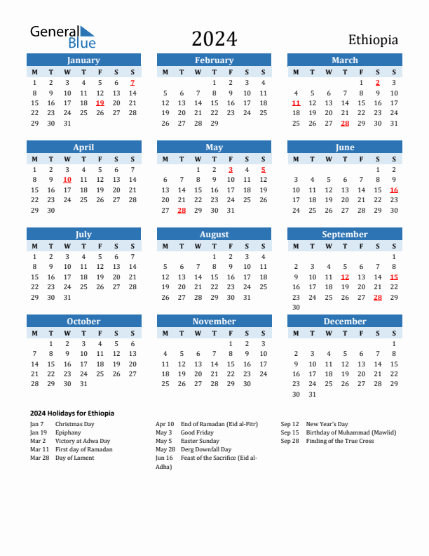 Printable Calendar 2024 with Ethiopia Holidays (Monday Start)