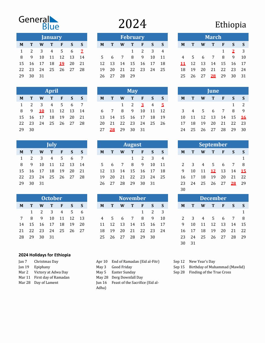 2024 Printable Calendar with Ethiopia Holidays