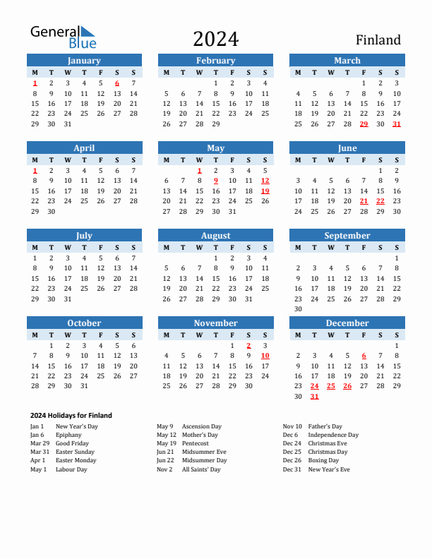 Printable Calendar 2024 with Finland Holidays (Monday Start)