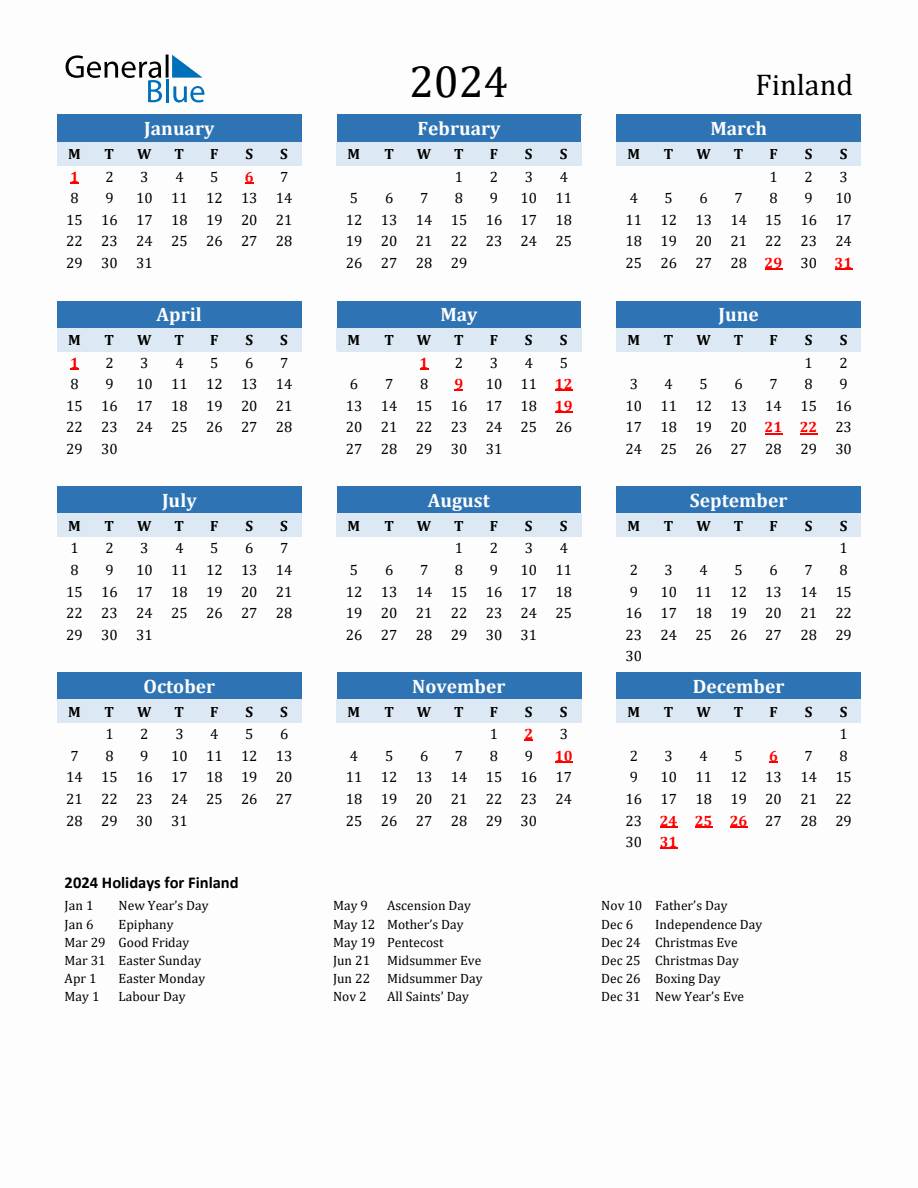 2024 Printable Calendar with Finland Holidays