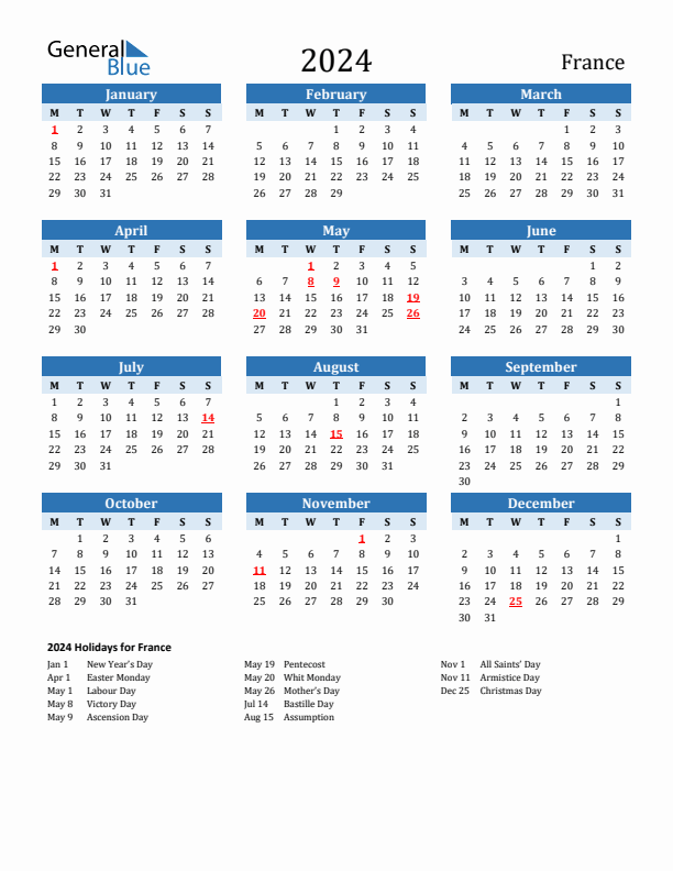 Printable Calendar 2024 with France Holidays (Monday Start)