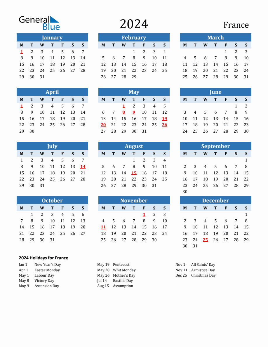 2024 Printable Calendar with France Holidays