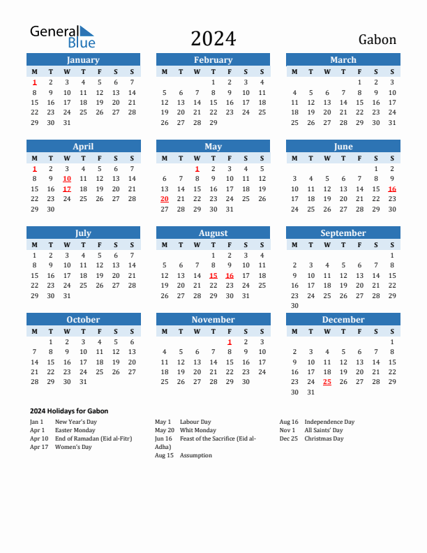 Printable Calendar 2024 with Gabon Holidays (Monday Start)