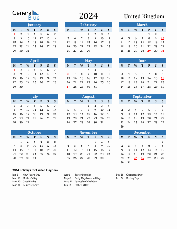 Printable Calendar 2024 with United Kingdom Holidays (Monday Start)