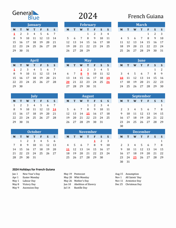 Printable Calendar 2024 with French Guiana Holidays (Monday Start)