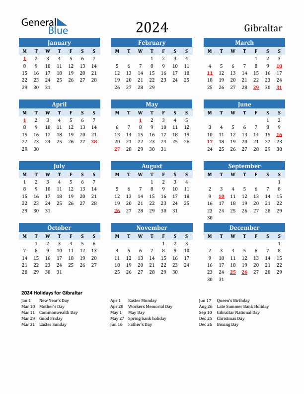 Printable Calendar 2024 with Gibraltar Holidays (Monday Start)