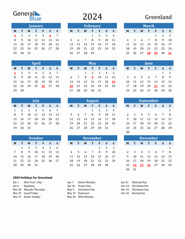 Printable Calendar 2024 with Greenland Holidays (Monday Start)
