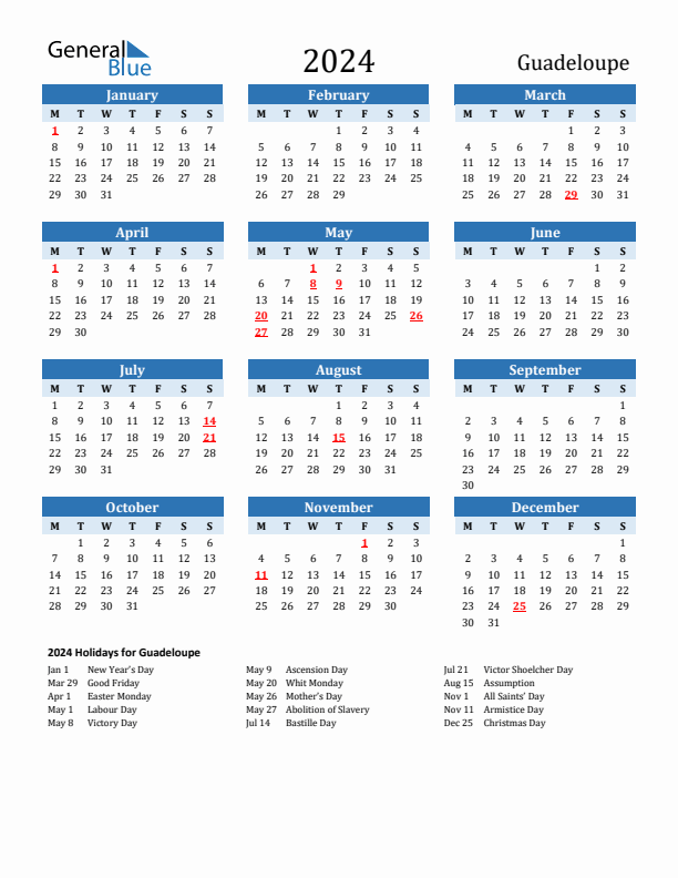 Printable Calendar 2024 with Guadeloupe Holidays (Monday Start)