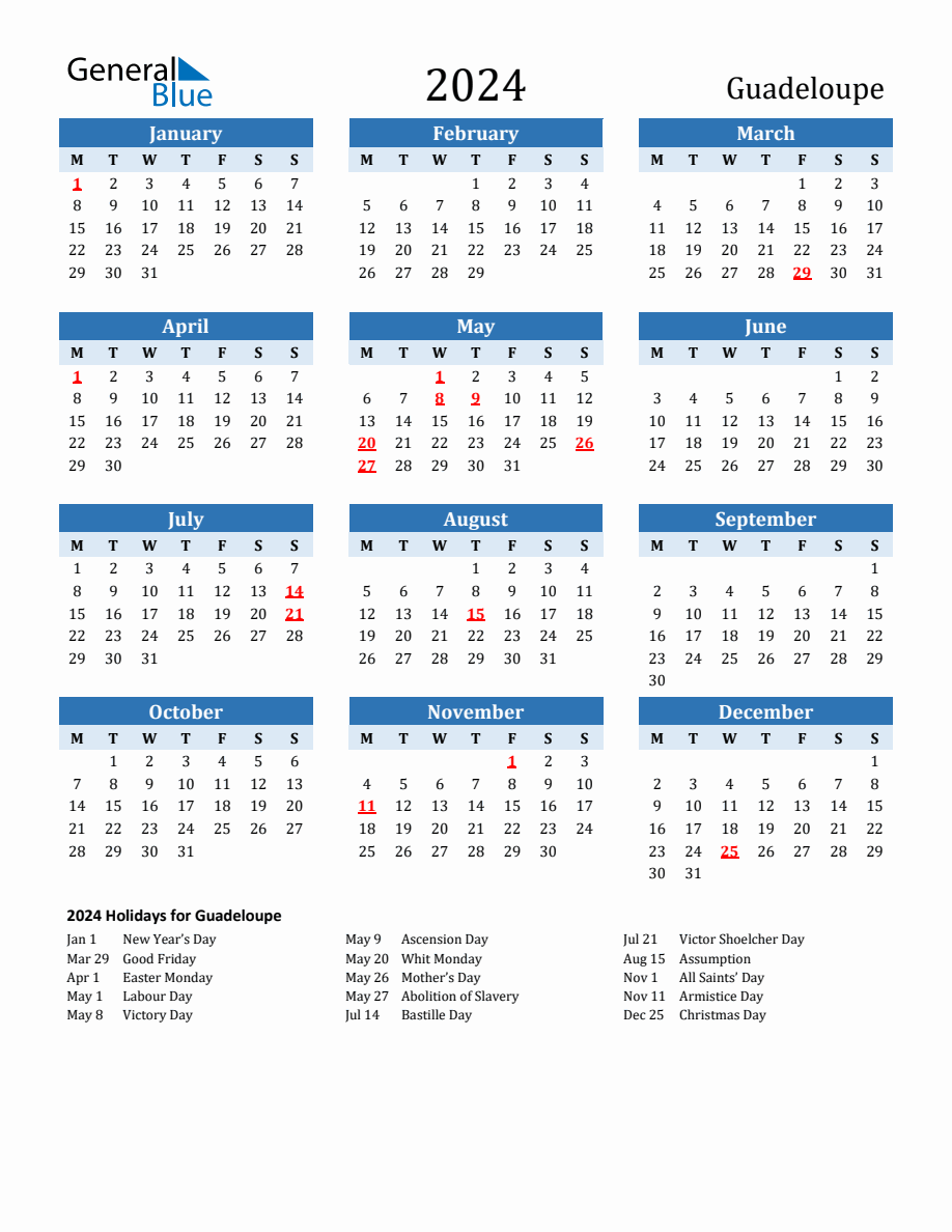 2024 Printable Calendar with Guadeloupe Holidays