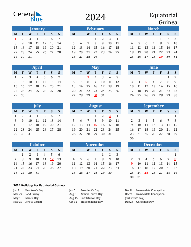 Printable Calendar 2024 with Equatorial Guinea Holidays (Monday Start)