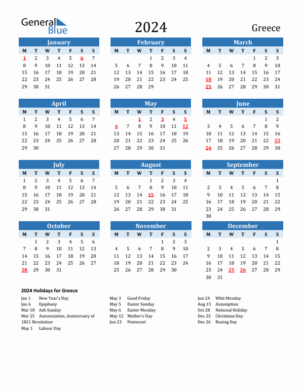 Printable Calendar 2024 with Greece Holidays (Monday Start)
