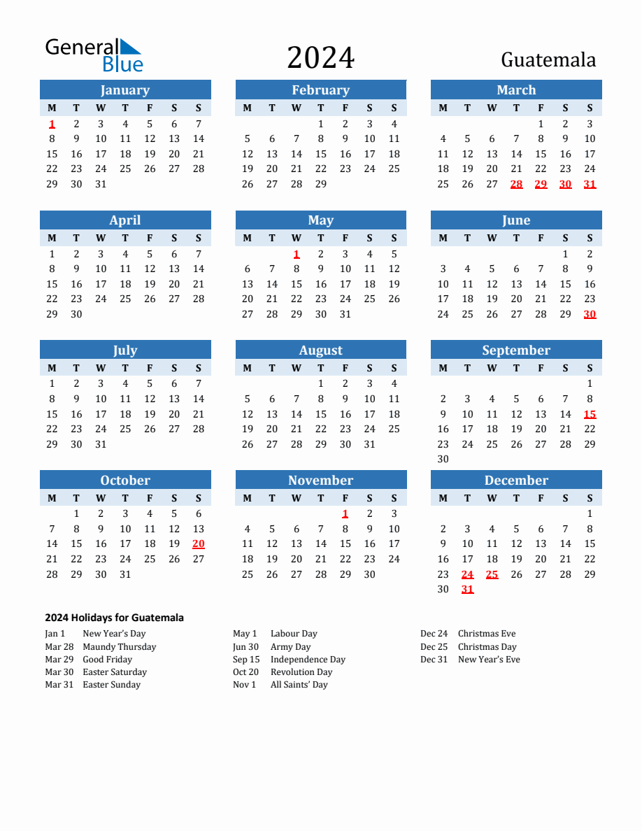 2024 Printable Calendar with Guatemala Holidays