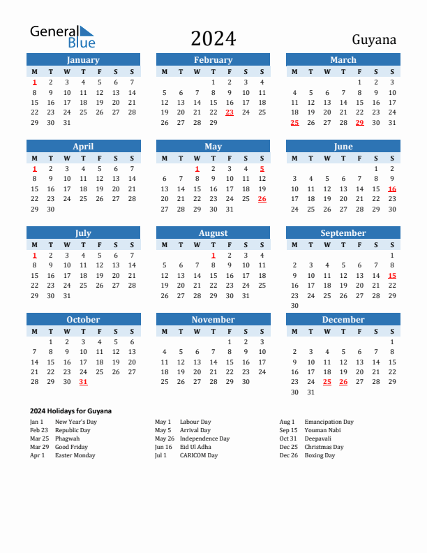Printable Calendar 2024 with Guyana Holidays (Monday Start)