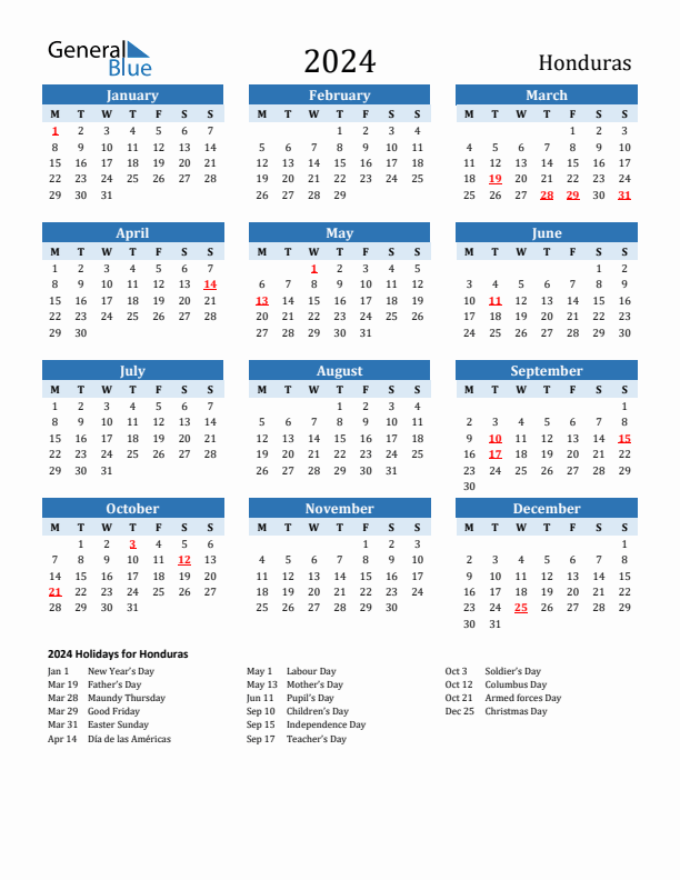 Printable Calendar 2024 with Honduras Holidays (Monday Start)