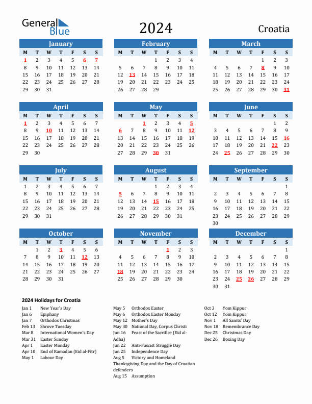 2024 Printable Calendar with Croatia Holidays