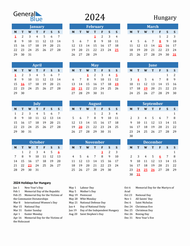 Printable Calendar 2024 with Hungary Holidays (Monday Start)
