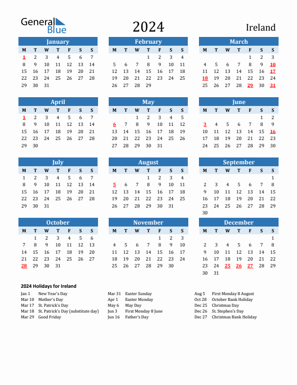 Printable Calendar 2024 with Ireland Holidays (Monday Start)