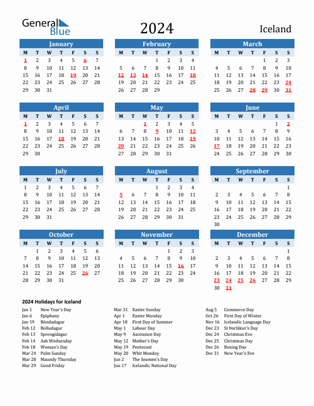 Printable Calendar 2024 with Iceland Holidays (Monday Start)