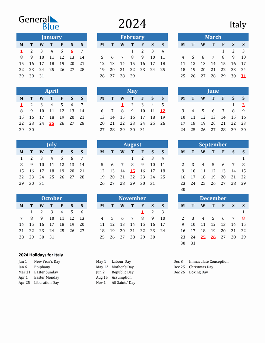 2024 Printable Calendar with Italy Holidays