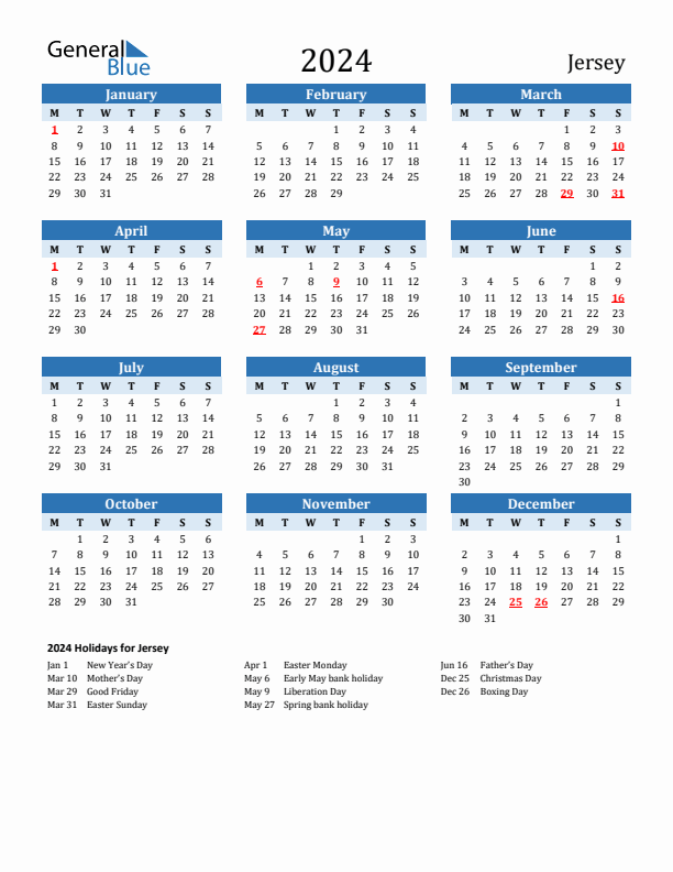 Printable Calendar 2024 with Jersey Holidays (Monday Start)