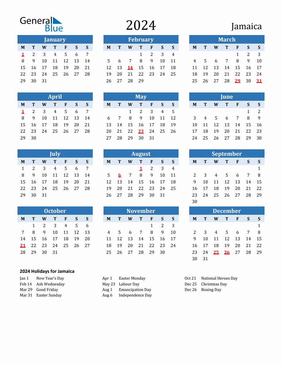 2024 Printable Calendar with Jamaica Holidays