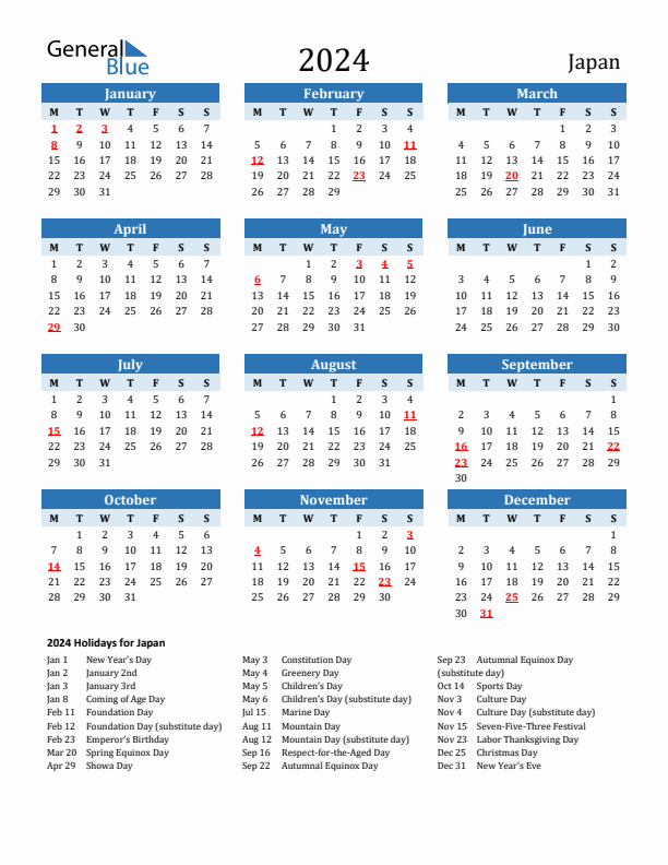 Printable Calendar 2024 with Japan Holidays (Monday Start)