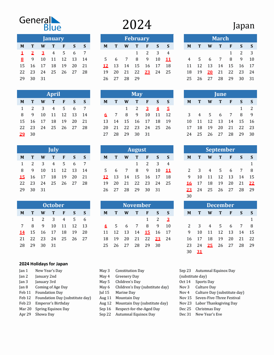 2024 Printable Calendar with Japan Holidays