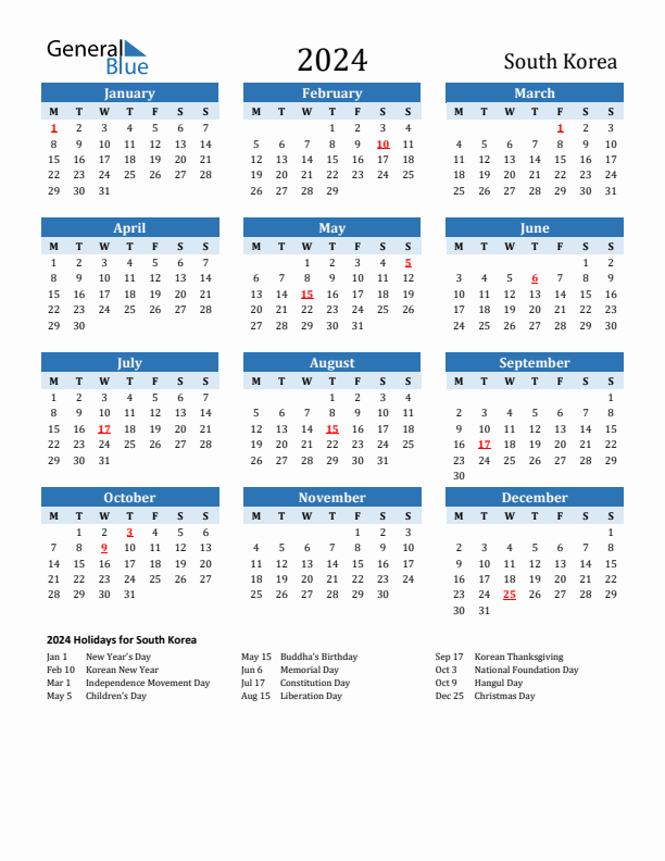 Printable Calendar 2024 with South Korea Holidays (Monday Start)