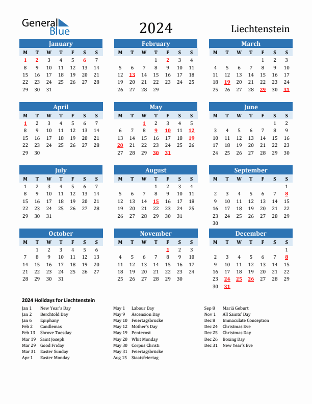Printable Calendar 2024 with Liechtenstein Holidays (Monday Start)
