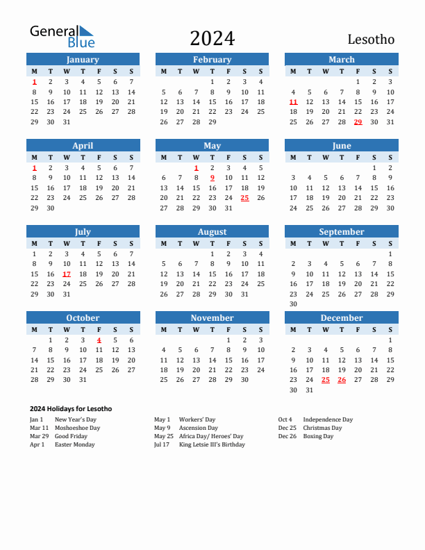 Printable Calendar 2024 with Lesotho Holidays (Monday Start)