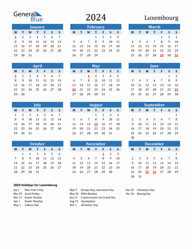 Printable Calendar 2024 with Luxembourg Holidays (Monday Start)