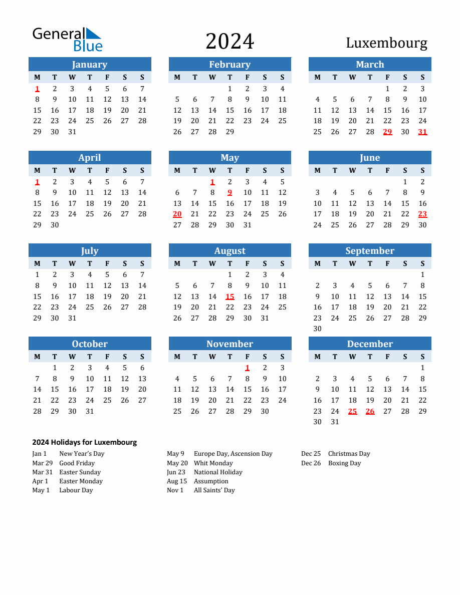 2024 Printable Calendar with Luxembourg Holidays