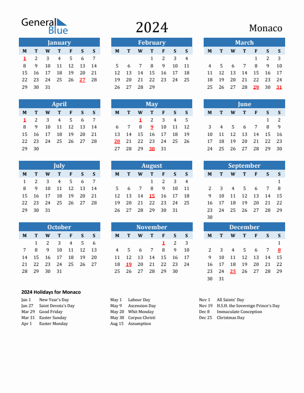 Printable Calendar 2024 with Monaco Holidays (Monday Start)