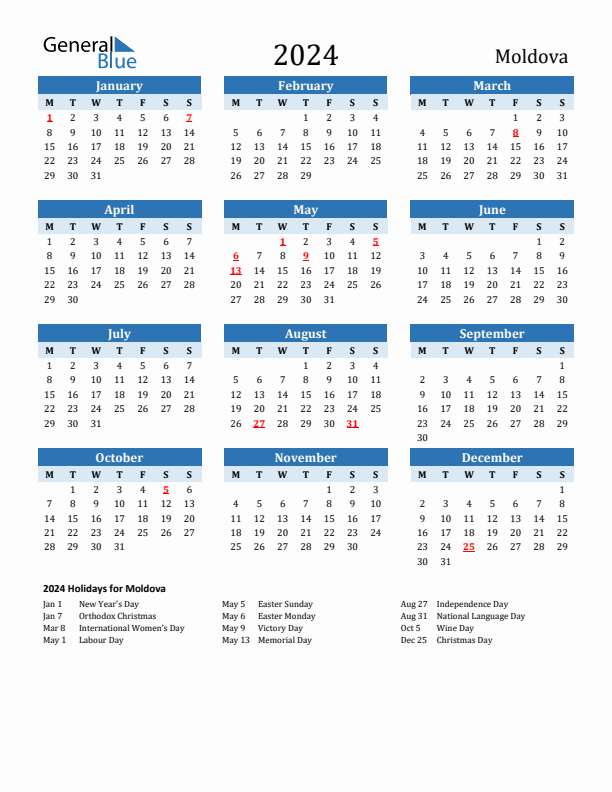 Printable Calendar 2024 with Moldova Holidays (Monday Start)