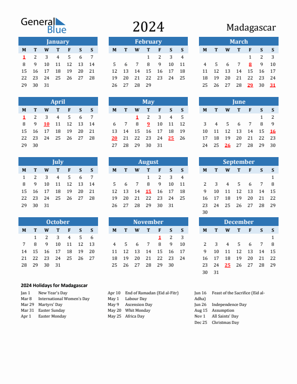 Printable Calendar 2024 with Madagascar Holidays (Monday Start)