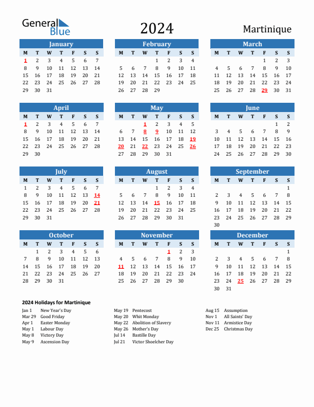 Printable Calendar 2024 with Martinique Holidays (Monday Start)