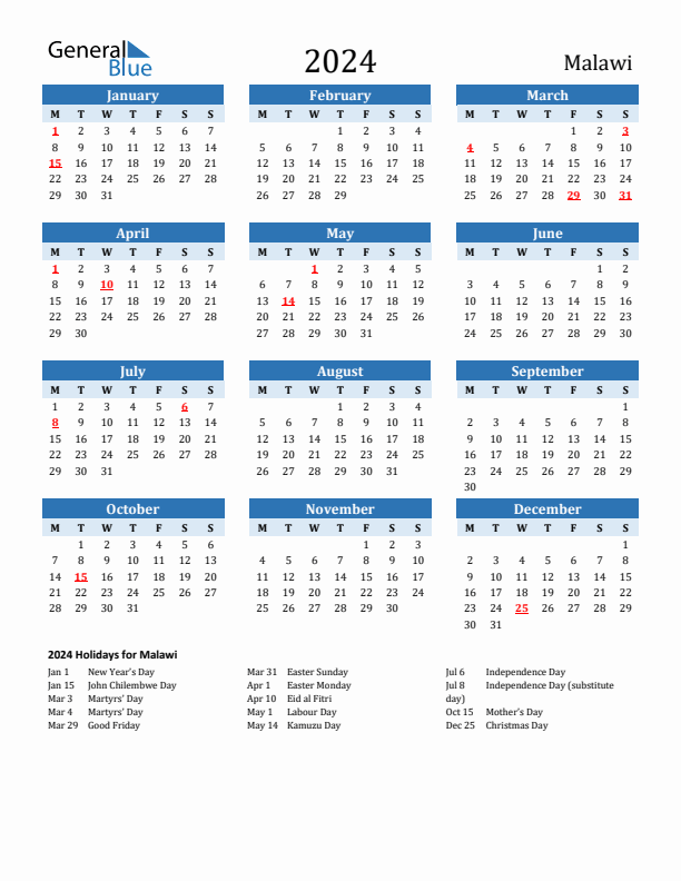 Printable Calendar 2024 with Malawi Holidays (Monday Start)