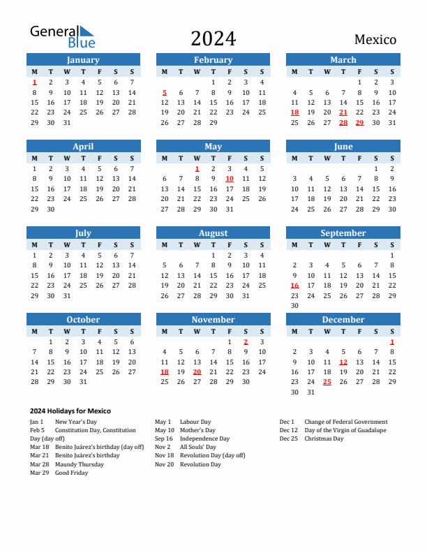 Printable Calendar 2024 with Mexico Holidays (Monday Start)
