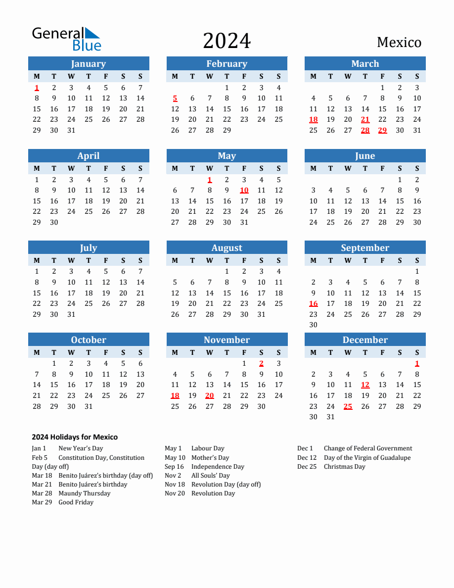 2024 Printable Calendar with Mexico Holidays