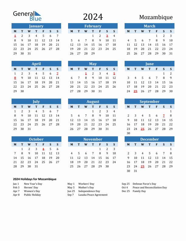 Printable Calendar 2024 with Mozambique Holidays (Monday Start)