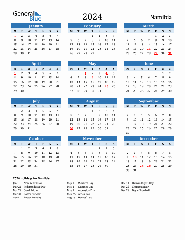 Printable Calendar 2024 with Namibia Holidays (Monday Start)
