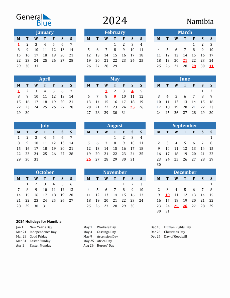 2024 Printable Calendar with Namibia Holidays