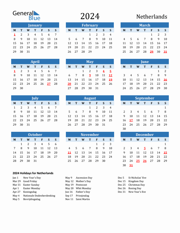 Printable Calendar 2024 with The Netherlands Holidays (Monday Start)