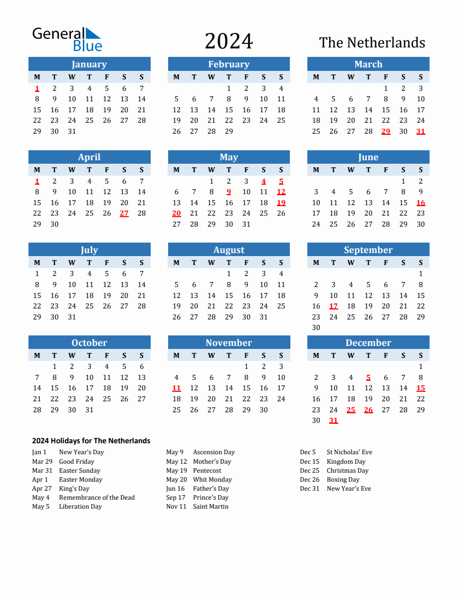 2024 Printable Calendar with Netherlands Holidays