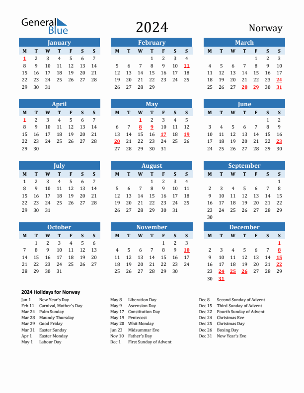 Printable Calendar 2024 with Norway Holidays (Monday Start)