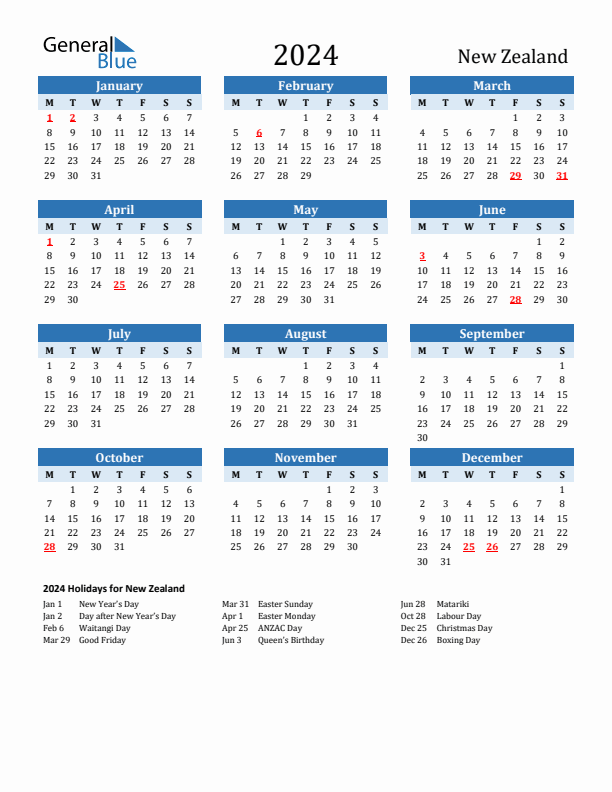 Printable Calendar 2024 with New Zealand Holidays (Monday Start)