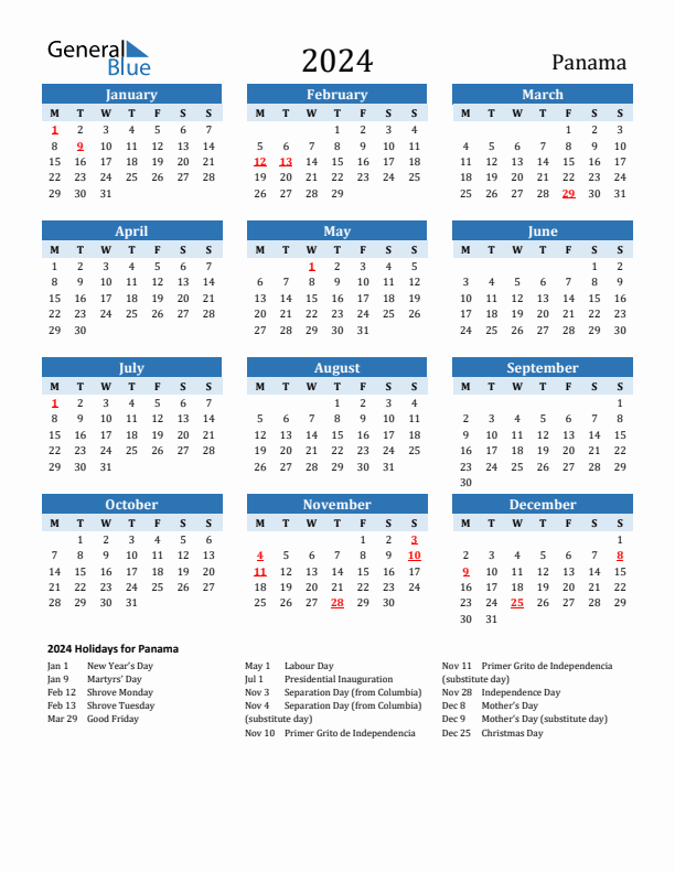 Printable Calendar 2024 with Panama Holidays (Monday Start)