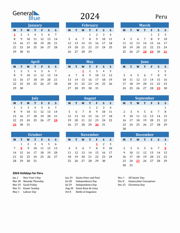 Printable Calendar 2024 with Peru Holidays (Monday Start)